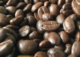 Detailed view of roasted coffee beans showcasing their rich aromatic quality and deep brown color.